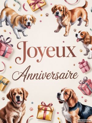 Carte virtuelle anniversaire avec des beagles joyeux, cadeaux colorés et une ambiance festive.