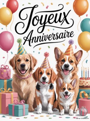 Carte virtuelle anniversaire avec quatre chiens festifs, couleurs vives et ballons flottants.