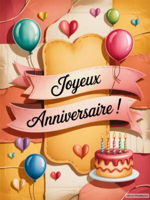 Carte virtuelle anniversaire avec gâteau coloré, ballons assortis et cœurs animés sur fond festif.