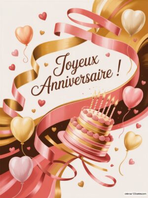 Carte virtuelle anniversaire avec gâteau coloré, ballons roses et dorés, ambiance festive et joyeuse.