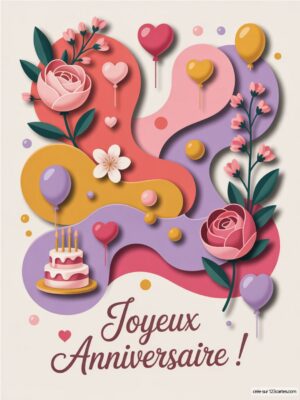 Carte virtuelle anniversaire avec gâteau coloré, fleurs et ballons sur fond pastel