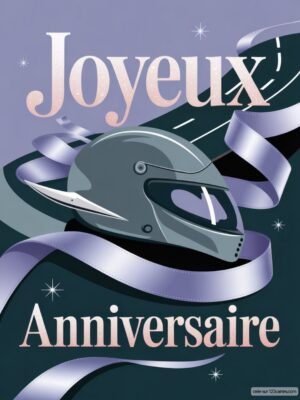 Carte virtuelle anniversaire pilote avec casque de course, fond violet et rubans argentés.
