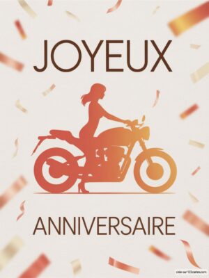 Carte virtuelle anniversaire moto avec silhouette de motarde, ambiance festive et confettis animés