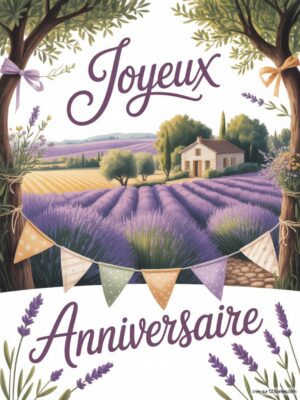 Carte virtuelle anniversaire avec champs de lavande, maison en arrière-plan et banderoles colorées.