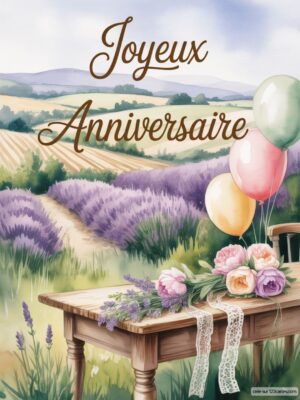 Carte virtuelle anniversaire avec un paysage de champs de lavande, une table en bois ornée de fleurs pastel et des ballons colorés.