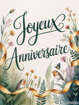 Carte virtuelle anniversaire avec fleurs colorées, ribbon doré et oiseaux délicats.