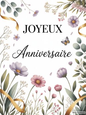 Carte virtuelle anniversaire élégante avec fleurs pastel et bande dorée, ambiance douce et festive.