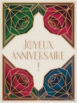 Carte virtuelle d’anniversaire avec roses géométriques colorées, fond crème et lettrage doré.