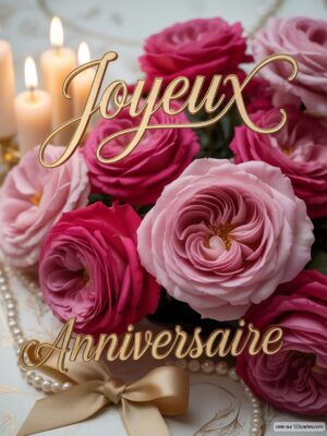 Carte virtuelle d’anniversaire avec roses roses et blanches, fond doux, ambiance romantique et élégante.