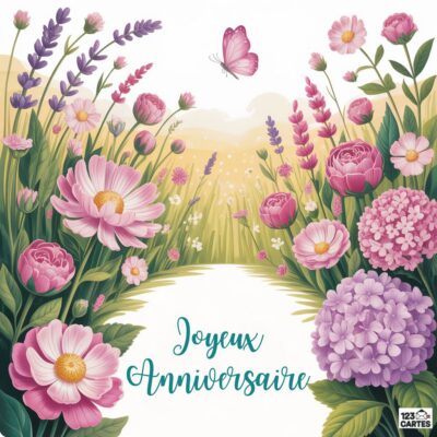 Carte d'anniversaire florale avec jardin de fleurs roses et violettes, papillon et message Joyeux Anniversaire sur fond ensoleillé