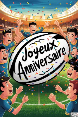 Joueurs de rugby célèbrent un anniversaire avec un ballon géant et des confettis colorés dans un stade en fête.