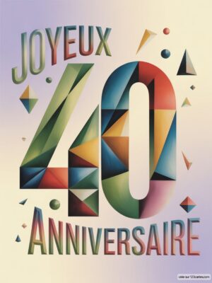 Carte virtuelle anniversaire 40 ans avec motifs géométriques colorés et fond pastel doux.
