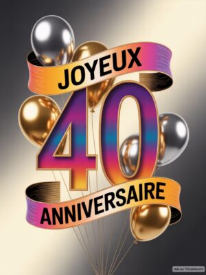Carte virtuelle anniversaire 40 ans avec ballons métalliques dorés et argentés, fond dégradé coloré.