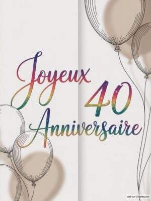 Carte virtuelle anniversaire 40 ans avec ballons colorés, fond clair et animation festive.