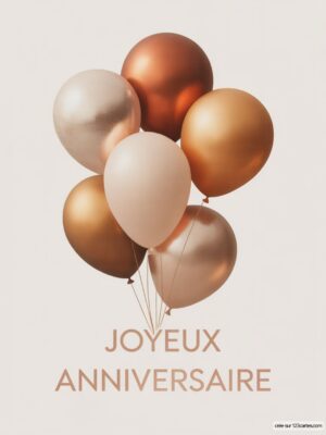 Carte virtuelle anniversaire avec ballons dorés et cuivrés sur fond clair, ambiance festive