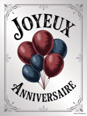 Carte virtuelle anniversaire avec ballons vintage, palette de couleurs rouge et bleu, ambiance festive.