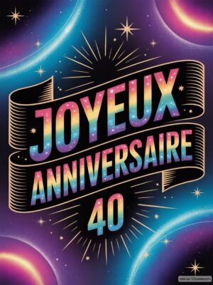 Carte virtuelle anniversaire 40 ans avec fond cosmique, couleurs violettes et animations éclatantes.