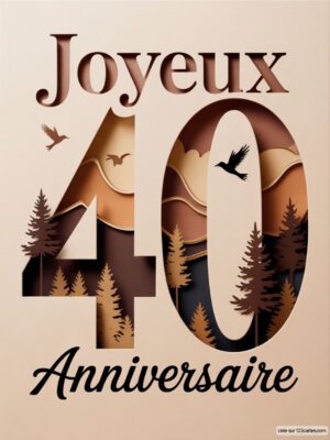 Carte virtuelle anniversaire 40 ans avec montagnes stylisées, couleurs chaudes et oiseaux animés.