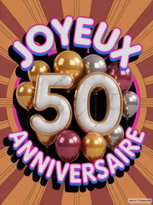 Carte virtuelle 50 anniversaire, chiffres marbre et ballons or-rose, fond rétro.