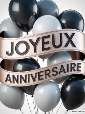 Carte virtuelle anniversaire sobre avec ballons noirs-gris-blancs et ruban or.