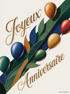 Carte virtuelle anniversaire élégante, ballons colorés et feuilles tropicales stylisées, format numérique.