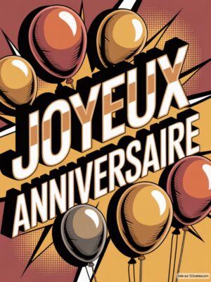 Carte virtuelle anniversaire style pop art, texte 3D et ballons aux tons chauds.