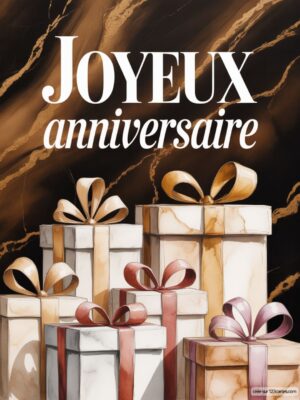 Carte virtuelle anniversaire luxe, cadeaux emballés sur fond marbre noir et or, texte blanc.