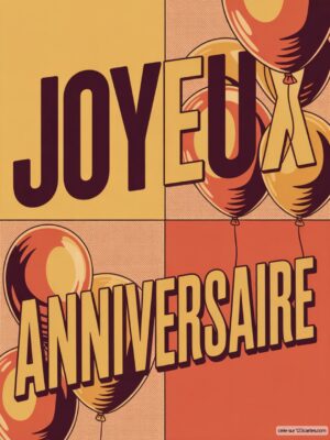 Carte virtuelle anniversaire style pop art, texte sur fond quadrillé avec ballons, animée.