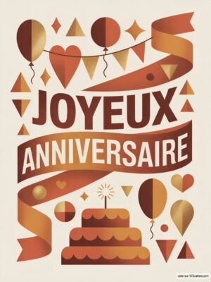 Carte virtuelle anniversaire «Joyeux Anniversaire« style rétro, tons orangés, avec gâteau et ballons.