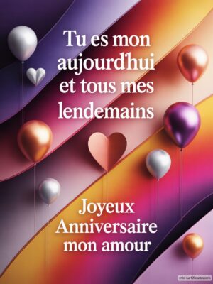 Carte virtuelle anniversaire amour, fond arc-en-ciel, ballons métallisés et cœur.