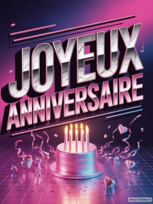 Carte virtuelle anniversaire style rétro 80s, texte 3D marbre et rose sur gâteau bougies.