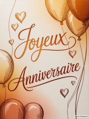 Carte virtuelle anniversaire élégante, typographie cursive or et marron, ballons et cœurs dessinés.