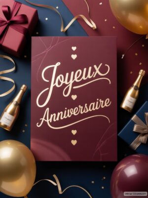 Carte virtuelle anniversaire élégante, fond bordeaux et or, champagne et cadeaux, animée.