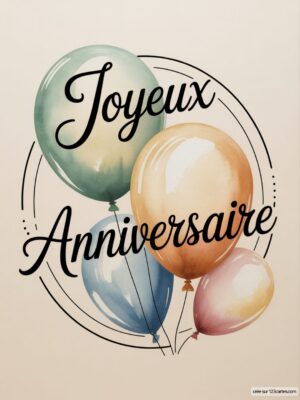 Carte virtuelle anniversaire avec ballons aquarelle pastel et texte calligraphié, format numérique.