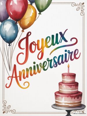 Carte virtuelle anniversaire avec texte arc-en-ciel, ballons et gâteau à trois étages.