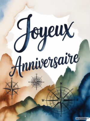 Carte virtuelle anniversaire voyage avec montagnes aquarelle et roses des vents, numérique.