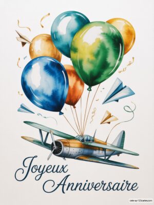 Carte virtuelle Joyeux Anniversaire avec avion et ballons aquarelle colorés, confettis et avions en papier.