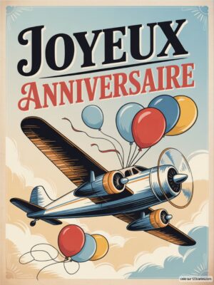 Carte virtuelle Joyeux Anniversaire avec avion vintage, ballons colorés et ciel nuageux, ambiance rétro.
