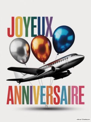 Carte virtuelle anniversaire avec avion et ballons métallisés. Texte joyeux anniversaire, design moderne et festif.
