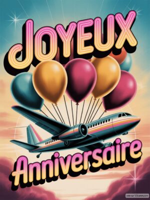 Carte virtuelle Joyeux Anniversaire avec avion et ballons colorés, ambiance rétro. Texte lumineux rose et jaune sur fond ciel nuageux.