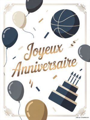 Carte virtuelle anniversaire homme sport avec ballon basket, gâteau et ballons bleu marine et doré.