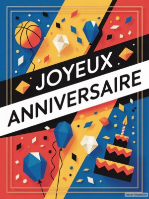 Carte virtuelle anniversaire homme style géométrique, ballons, gâteau et basket, fond rouge, bleu et jaune.