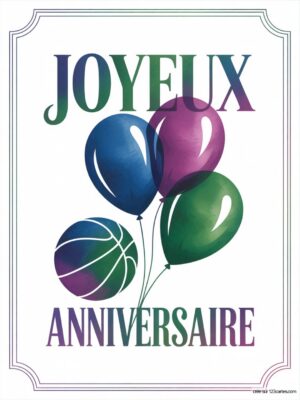 Carte virtuelle anniversaire sportif avec ballons bleus, verts et violets, dont un ballon de basket.