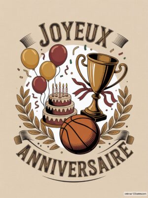 Carte virtuelle anniversaire basket avec trophée, gâteau et ballons, style vintage.