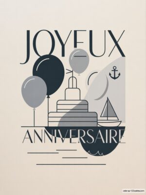 Carte virtuelle anniversaire, design Art Déco gris et bleu marine, gâteau et voilier.