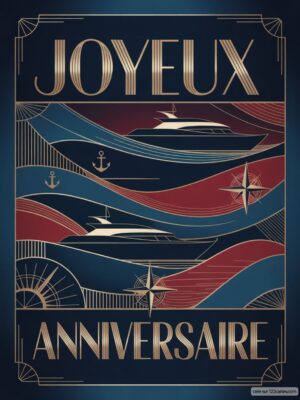Carte virtuelle anniversaire Art Déco, yachts sur vagues bleu et rouge, style numérique.