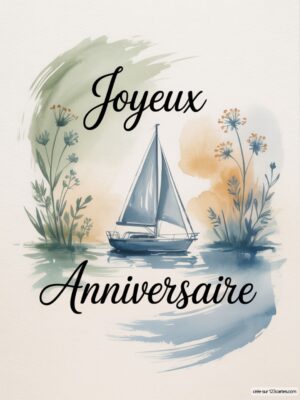 Carte virtuelle anniversaire avec voilier aquarelle bleu, ambiance florale douce, format numérique.
