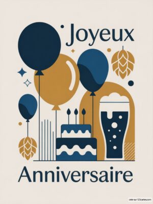Carte virtuelle anniversaire homme, ballons, gâteau et bière, avec animations et musique.