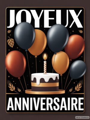 Carte virtuelle anniversaire homme, gâteau et ballons animés, fond noir et doré.