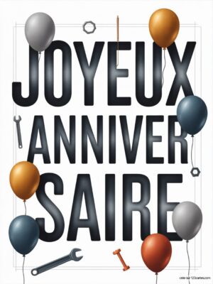 Carte virtuelle anniversaire homme, ballons et outils, design moderne et interactif.